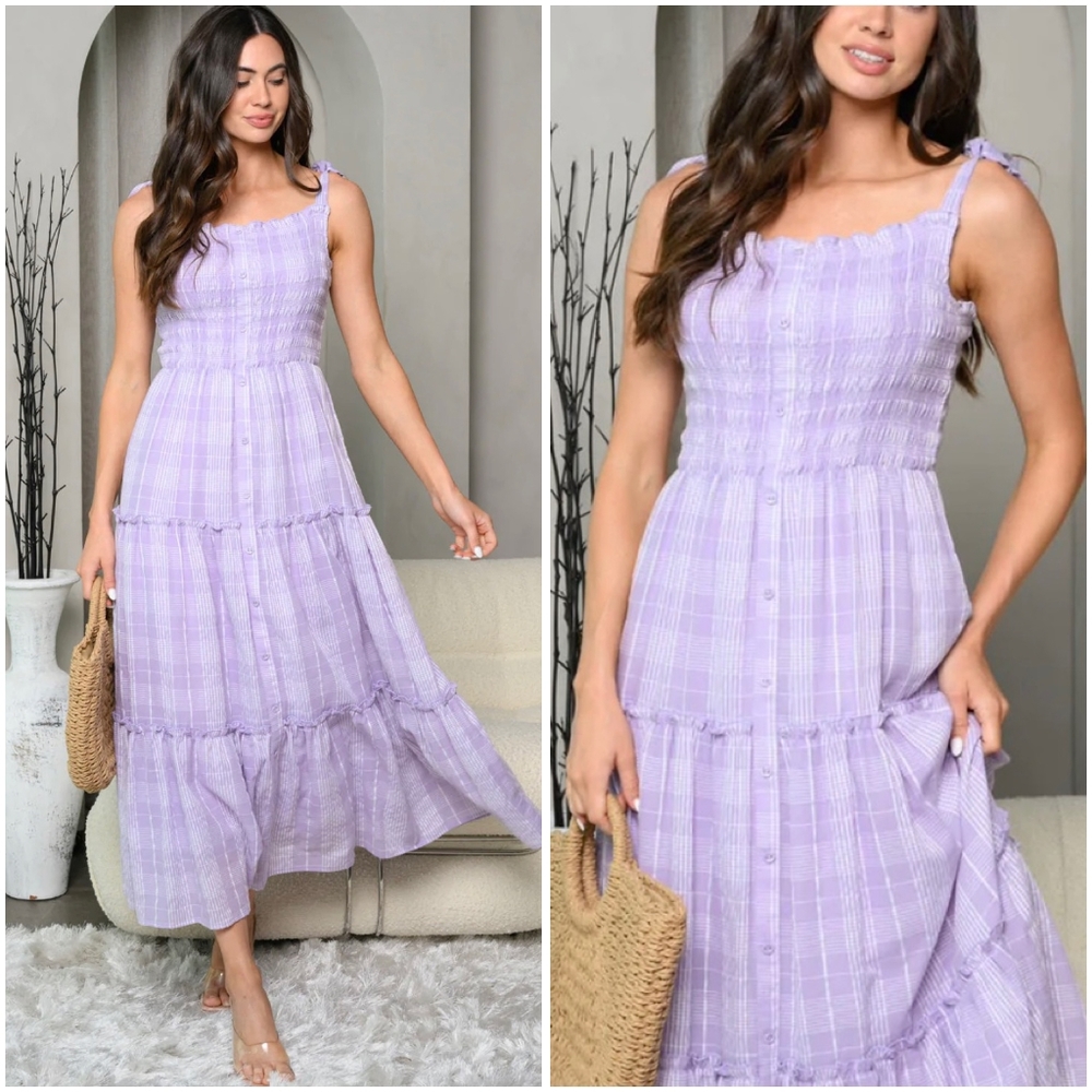 Edit By Nine Lavender Plaid Tiered Maxi Dress - Picture 2 of 7